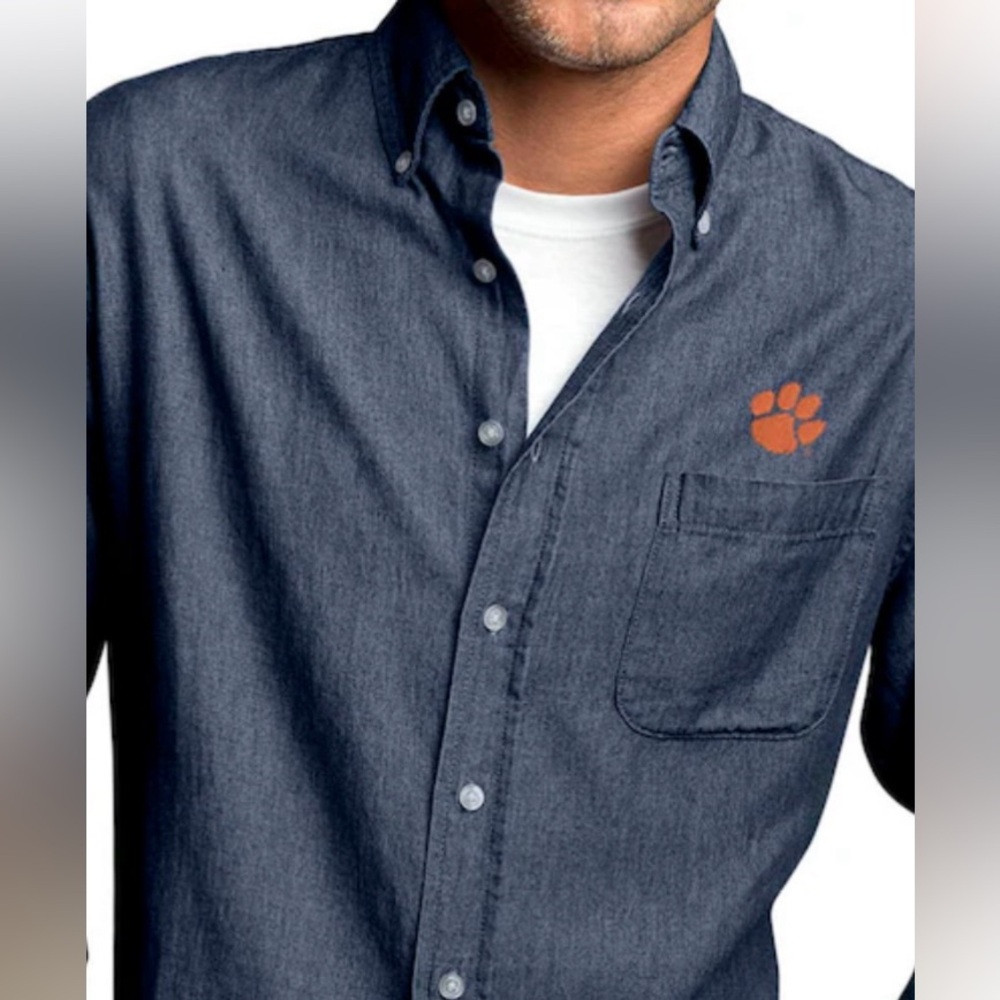 Clemson dark blue denim button down shirt